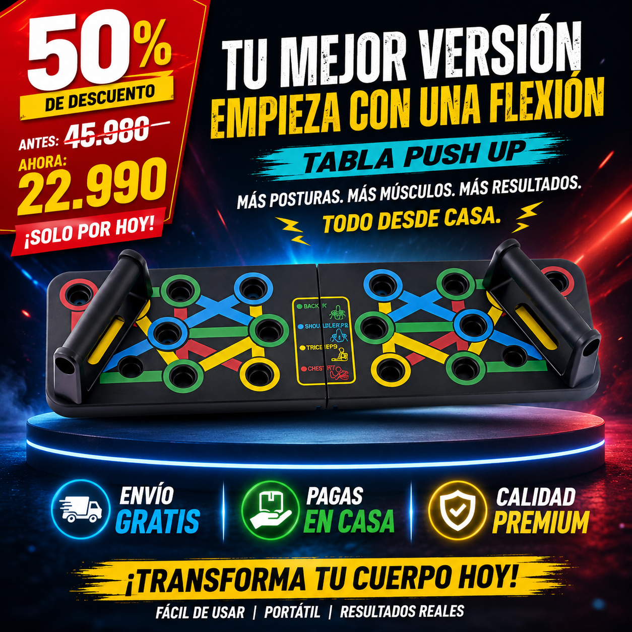 PowerBoard Pro™ Tablero de flexiones 12 en 1 Más músculo. Cero dolor de muñecas. Tu gimnasio en casa.