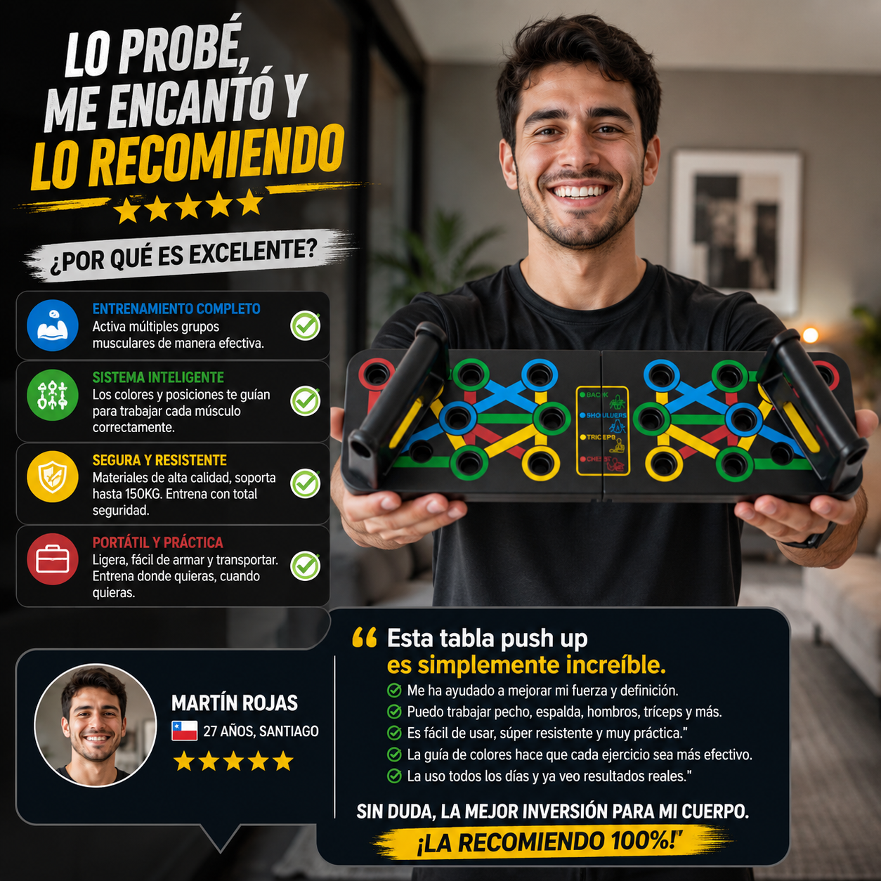 PowerBoard Pro™ Tablero de flexiones 12 en 1 Más músculo. Cero dolor de muñecas. Tu gimnasio en casa.