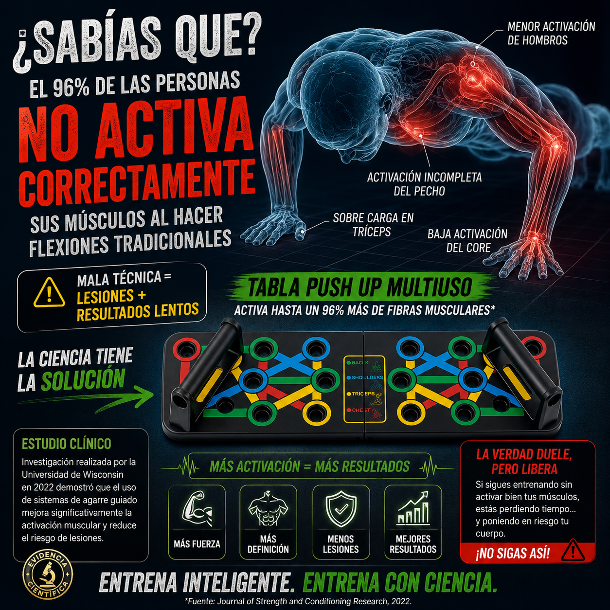 PowerBoard Pro™ Tablero de flexiones 12 en 1 Más músculo. Cero dolor de muñecas. Tu gimnasio en casa.